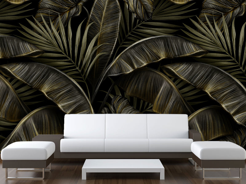 Floral Full-Wall Print Non-Woven Photo Wallpaper Tropical Design For Office Or Bedroom "Banana Leaves"