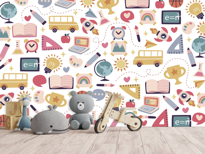 Peel & Stick Mural Full Wall Print For Kids Room "School-Themed Collage" Design for Kids' Study Area