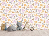 Baby Savannah Animals Self-Adhesive Wallpaper For Kids Room, Print With Lions, Elephants, Giraffes, And Monkeys