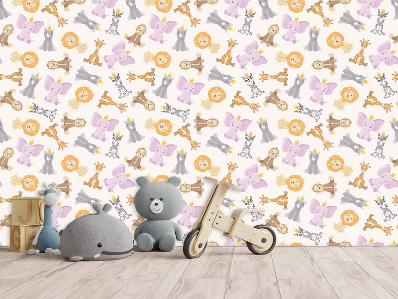 Baby Savannah Animals Self-Adhesive Wallpaper For Kids Room, Print With Lions, Elephants, Giraffes, And Monkeys