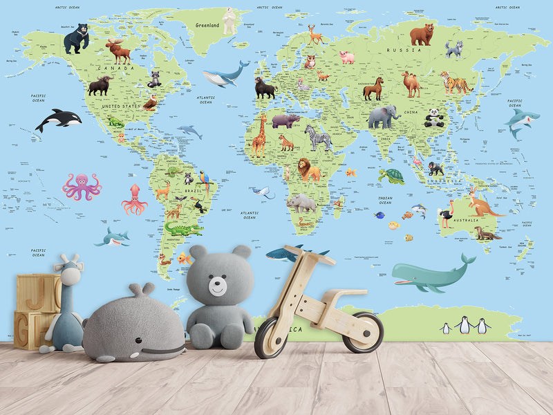 Self-Adhesive Kids' Wall Mural Full Size – Green World Map Design on Sky Blue Background