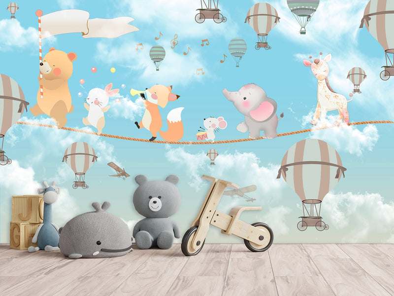 Non-Woven Photo Wallpaper for Kids' Room Circus Animals on a Rope Soft & Gentle Design