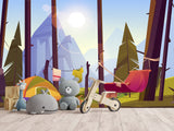 Non-Wowen Wallpaper Wallpaper For Toddlers – Camping In The Forest Cartoon-Style Kids Room Decor