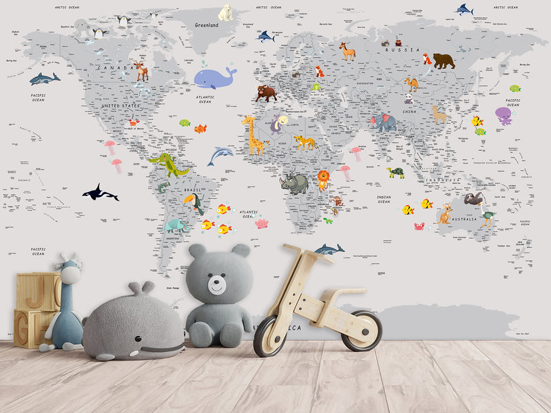 Peel and Stick Vinyl Wallpaper Minimalist Kids' World Map Mural in Grey – Wall Mural for Children’s Room