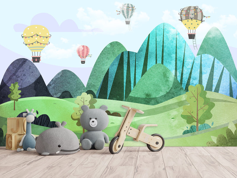 Traditional Full Wall Mural for Nursery or Kids Room Hot Air Balloon Forest Wallpaper
