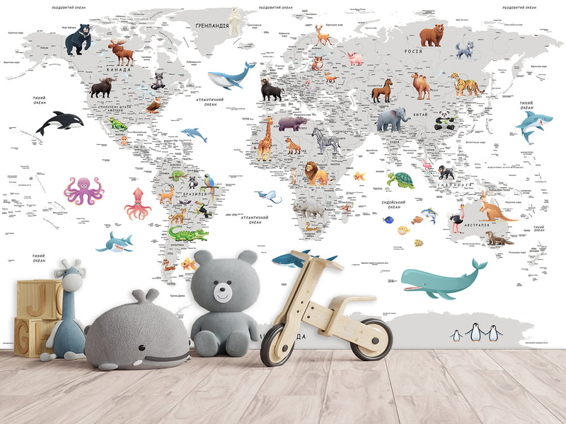 Decor for Kids room, Peel and Stick vinyl interactive World Map Wallpaper – Educational Design for Kids' Room
