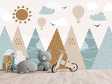 Self-Adhesive Wallpaper In Soft Colors For Kids Room "Balloon Flight Over The Mountains" Design For Playroom