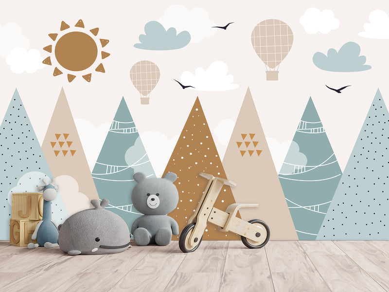 Self-Adhesive Wallpaper In Soft Colors For Kids Room "Balloon Flight Over The Mountains" Design For Playroom
