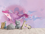 Peel and Stick Vinyl Wallpaper "Purple Dolphin For Kids" Mural Design For Playroom, Idea For A Magical Kids Room