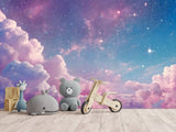 Fairy Tale Self-Adhesive Wallpaper For Kids, Artistic Style Wall Mural Design "Purple Pink Starry Sky" ✨