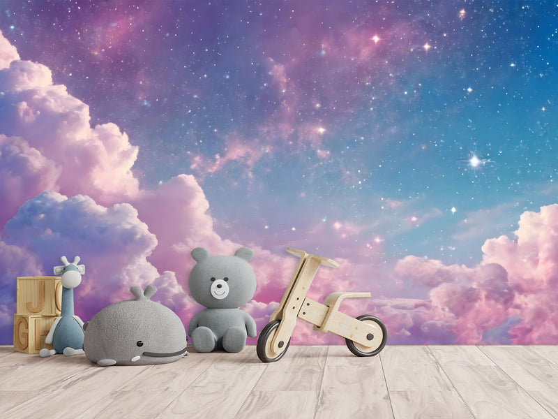 Fairy Tale Self-Adhesive Wallpaper For Kids, Artistic Style Wall Mural Design "Purple Pink Starry Sky" ✨