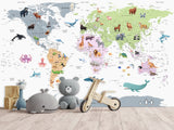 Self-Adhesive Full Wall Kids' World Map Wallpaper – Soft Colors for Kids' Room & Playroom
