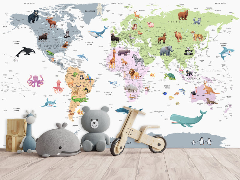 Self-Adhesive Full Wall Kids' World Map Wallpaper – Soft Colors for Kids' Room & Playroom