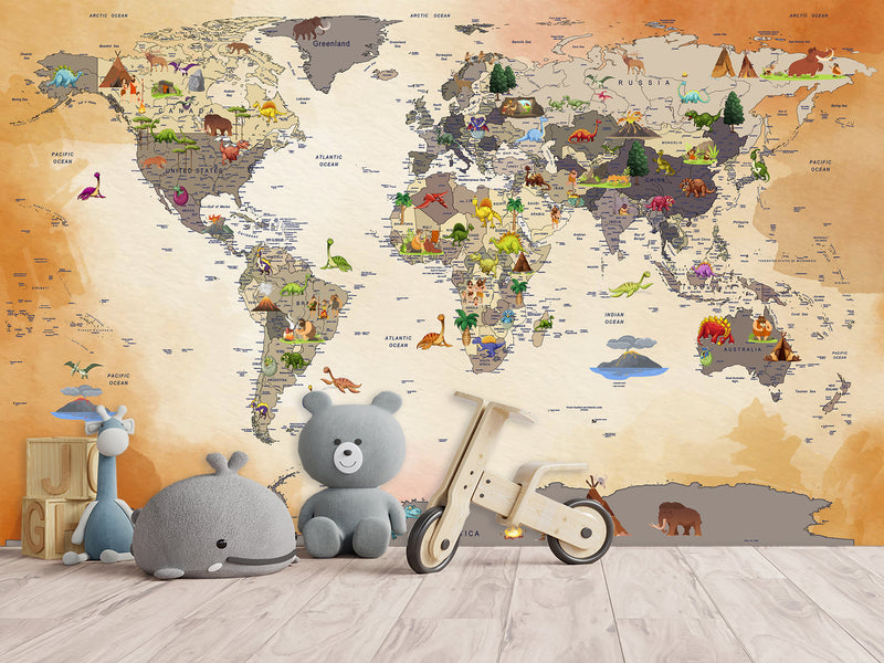 Non-Woven Mural 3D Effect Kids' World Map Wallpaper with Dinosaurs – Wall Mural for Children’s Room