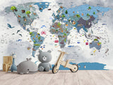 Full Wall Print For Kids Room – Peel and Stick Vinyl Mural Kids World Map With Animals