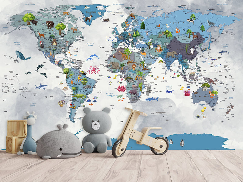 Full Wall Print For Kids Room – Peel and Stick Vinyl Mural Kids World Map With Animals