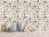 Modern Non-Woven Wallpaper — Educational School Wallpaper for Kids "Backpacks, Globes, and Books Print"