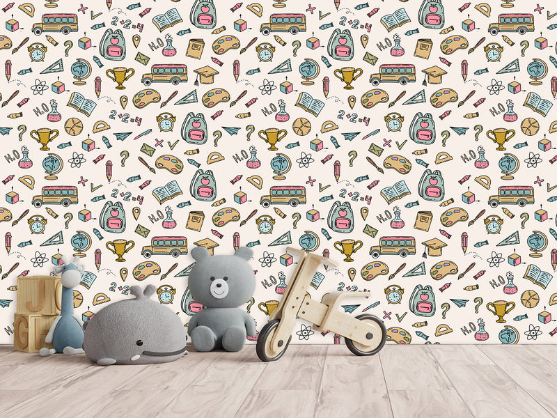 Modern Non-Woven Wallpaper — Educational School Wallpaper for Kids "Backpacks, Globes, and Books Print"