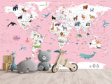 Print for Kids' Room Full Wall Self-Adhesive Wallpaper – Kids' World Map on Pink Background