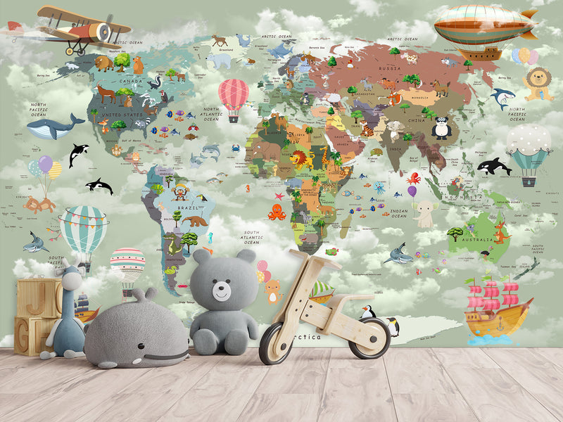 Decor for Kids room, Vinyl Wallpaper Peel and Stick with the pattern “Kids map of the world”