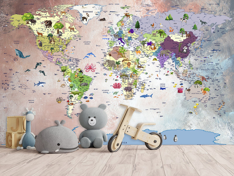 Art Design For Kids Room Self-Adhesive Wallpaper World Map Educational Kids Room Mural Playroom