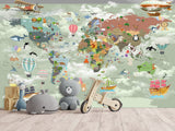 Non-Woven Mural 3D Effect Kids' World Map Wallpaper with Funny Animals – Wall Mural for Children’s Room