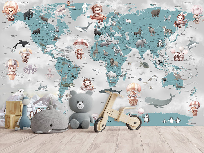 Decor for Kids room, Peel and Stick Vinyl with the pattern "Fun Educational World Map For Kids"