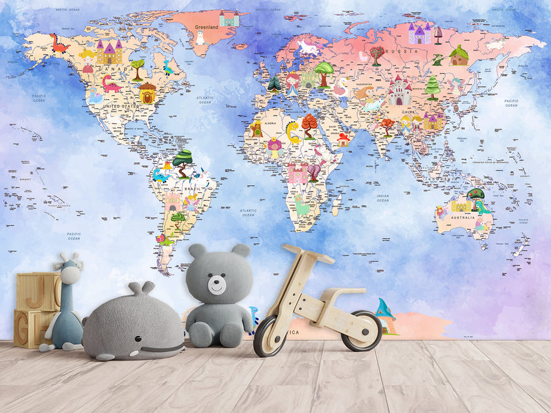 Peel and Stick Vinyl Wallpaper Magical World Map Mural for Kids – Interactive & Educational