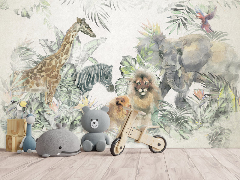 Peel and Stick Vinyl Wallpaper Kids Wall Mural – African Safari Animals Full Wall Mural Print