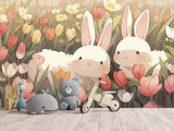 Vinyl Wallpaper Peel and Stick Mural for Kids' Room, Playroom, or Relaxation Area – "Bunnies in a Flower Field"