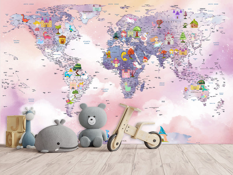 Self-Adhesive Kids Wallpaper World Map In Purple And Pink Mural – Art Decor For Magical Kids' Room