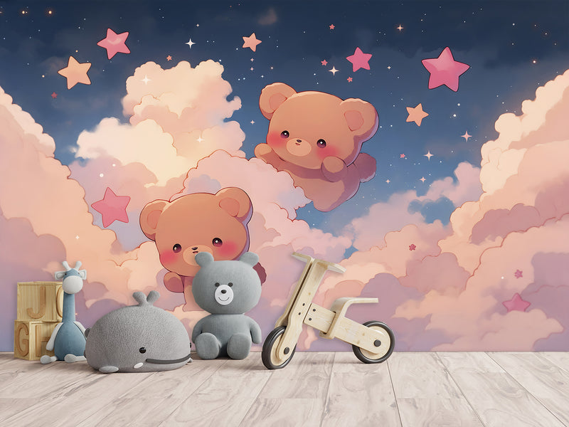 Cartoon Background Peel and Stick Mural For Kids Room Or Nursery "Cute Teddy Bears Among Stars On Clouds"