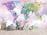 Peel and Stick Vinyl Wallpaper Rainbow-Colored Kids' World Map Mural – Interactive Print for Kids' Room