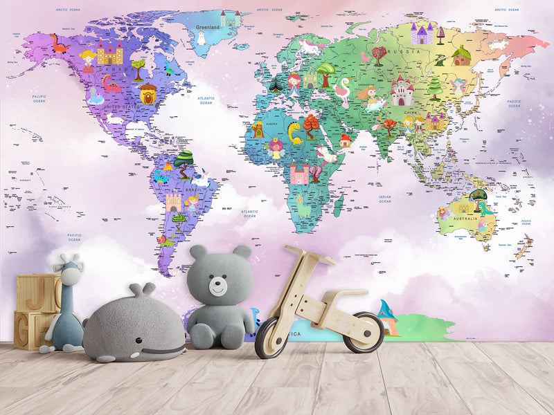 Peel and Stick Vinyl Wallpaper Rainbow-Colored Kids' World Map Mural – Interactive Print for Kids' Room