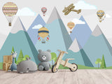 Peel & Stick Mural Full Wall Print For Kids Room Hot Air Balloon Race Over Mountains