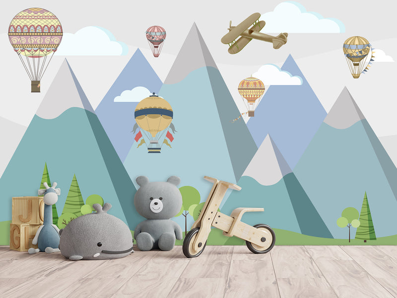 Peel & Stick Mural Full Wall Print For Kids Room Hot Air Balloon Race Over Mountains