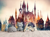 Peel and Stick Wall Mural Art Decor for Kids' Room or Playroom – Fairy Tale Town on a Hill