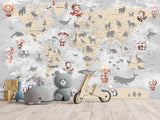 Decor for Kids room, Non-Woven Mural Wall-Sized Wallpaper "Kids' World Map With Hidden Animals"