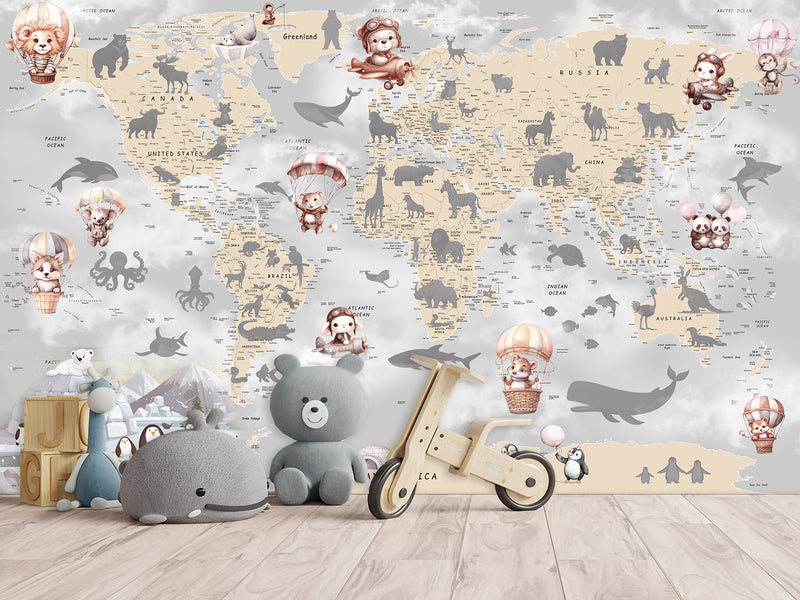 Decor for Kids room, Non-Woven Mural Wall-Sized Wallpaper "Kids' World Map With Hidden Animals"