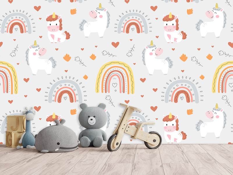 Peel and stick mural on the wall for the kid room Rainbow Unicorn Wallpaper for Kids – Cute & Magical Tots Wall Design
