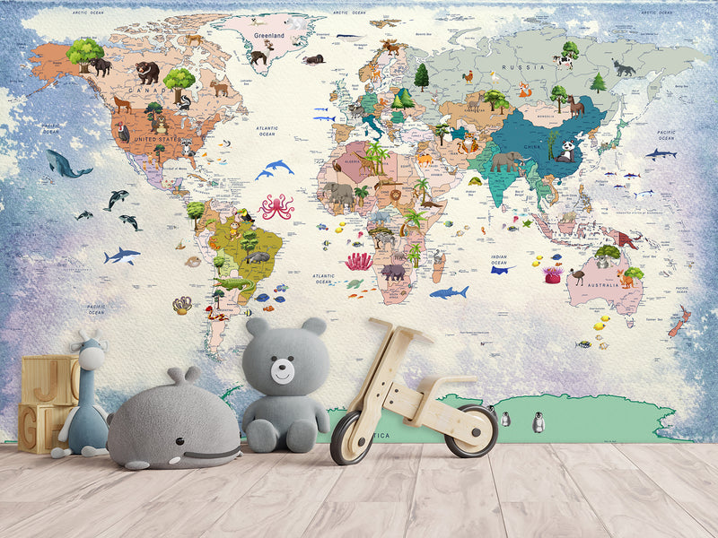 Decor for Kids room, Vinyl Wallpaper Peel and Stick with the pattern “Kids map of the world”