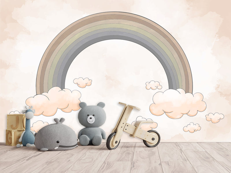 Non-Woven Wallpaper Kids Room Design – Rainbow Among Pink Clouds, Wall Decor For Boys And Girls