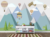 Peel & Stick Mural Full Wall Print For Kids Room Hot Air Balloon Race Over Mountains