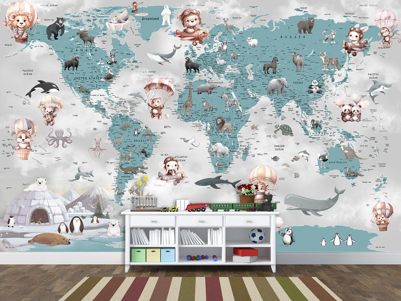 Decor for Kids room, Peel and Stick Vinyl with the pattern "Fun Educational World Map For Kids"