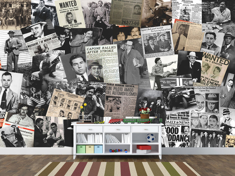 Peel and Stick vinyl Wall mural “Gangsters and the Mafia”, vintage wallpaper with images of criminal bosses" Wallpaper for For Office,  Home decor