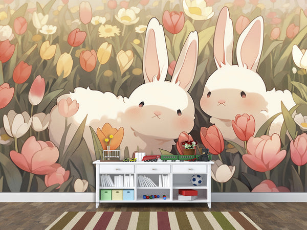 Vinyl Wallpaper Peel and Stick Mural for Kids' Room, Playroom, or Relaxation Area – "Bunnies in a Flower Field"