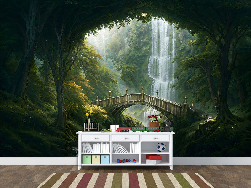 Kids’ wallpaper, creative design Peel and Stick mural for children’s room, art print "Elven Forest with Bridge" 🌿🧚