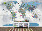 Full Wall Print For Kids Room – Peel and Stick Vinyl Mural Kids World Map With Animals