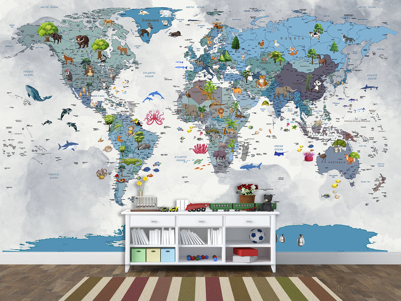 Full Wall Print For Kids Room – Peel and Stick Vinyl Mural Kids World Map With Animals