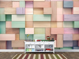 Calm Tone Wallpapers – Non-Woven Wall Murals, 3D Abstract Wallpaper "Colorful Wooden Cubes", Decor for Bedroom, Living Room, Kids' Room